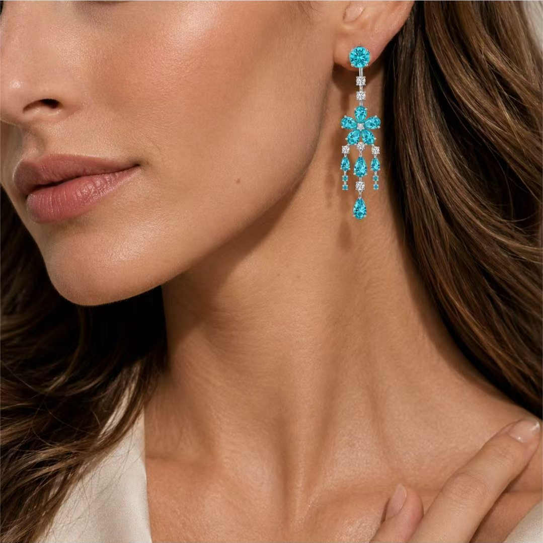 Original Design - Round Cut Paraiba Sapphire Dangle Earrings