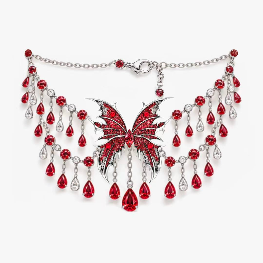 Original Design -  Gothic Pear Cut Ruby Sapphire Butterfly Necklace