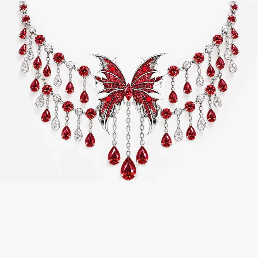 Original Design -  Gothic Pear Cut Ruby Sapphire Butterfly Necklace