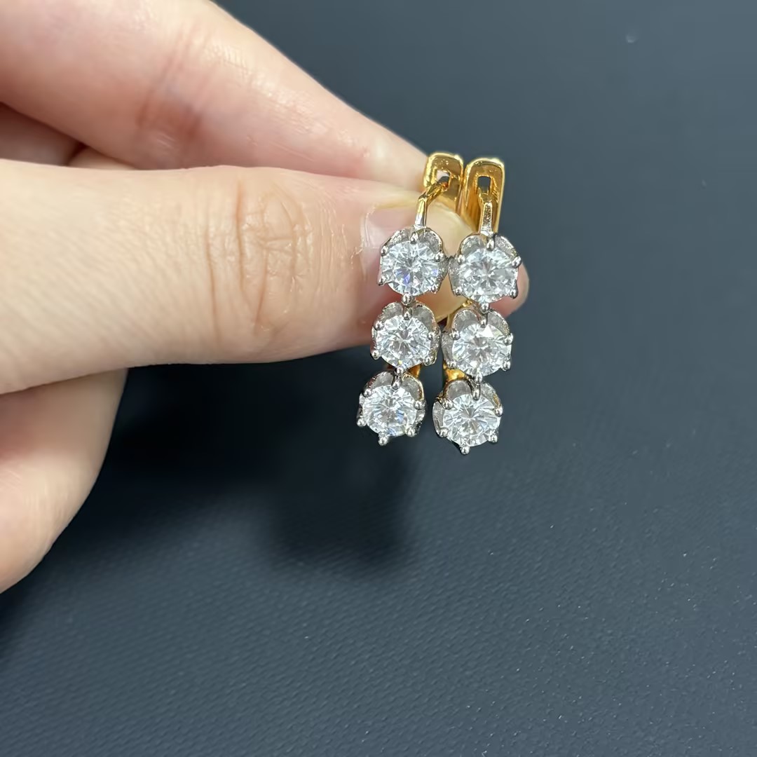 Three-stone Round Cut White Sapphire Dangle Earrings