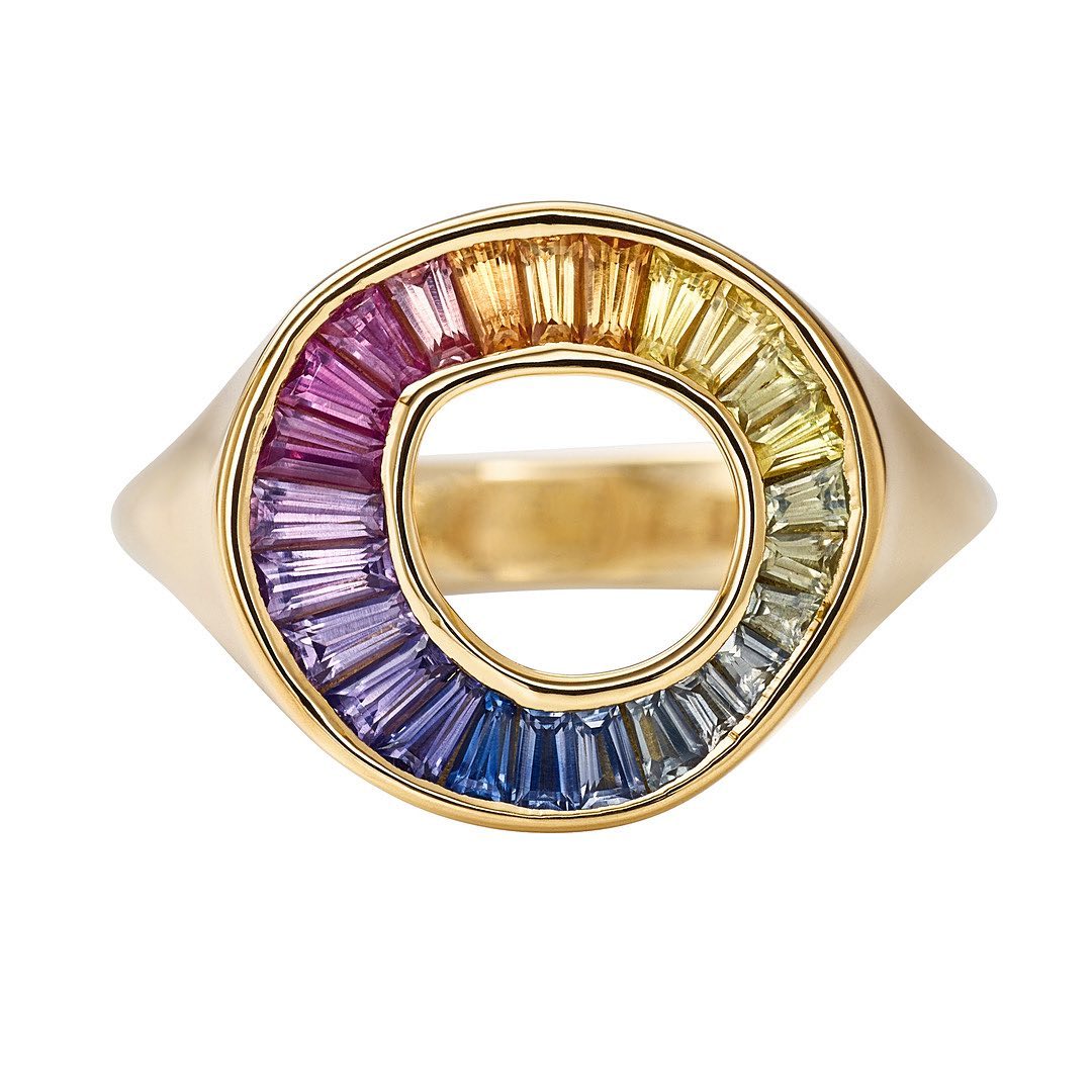 2.75ct Tapered Baguette Cut Rainbow Sapphire Sphere Ring