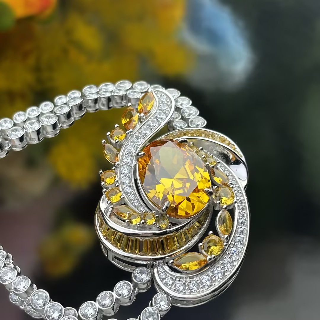 Original Design -  Oval Cut Yellow Sapphire & Round Cut White Moissanite Necklace