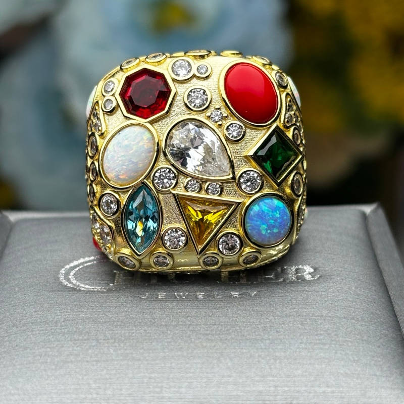 Multi-Gemstone Opal & Diamond Statement Cocktail Ring (Gold/Silver, Sold Individually)