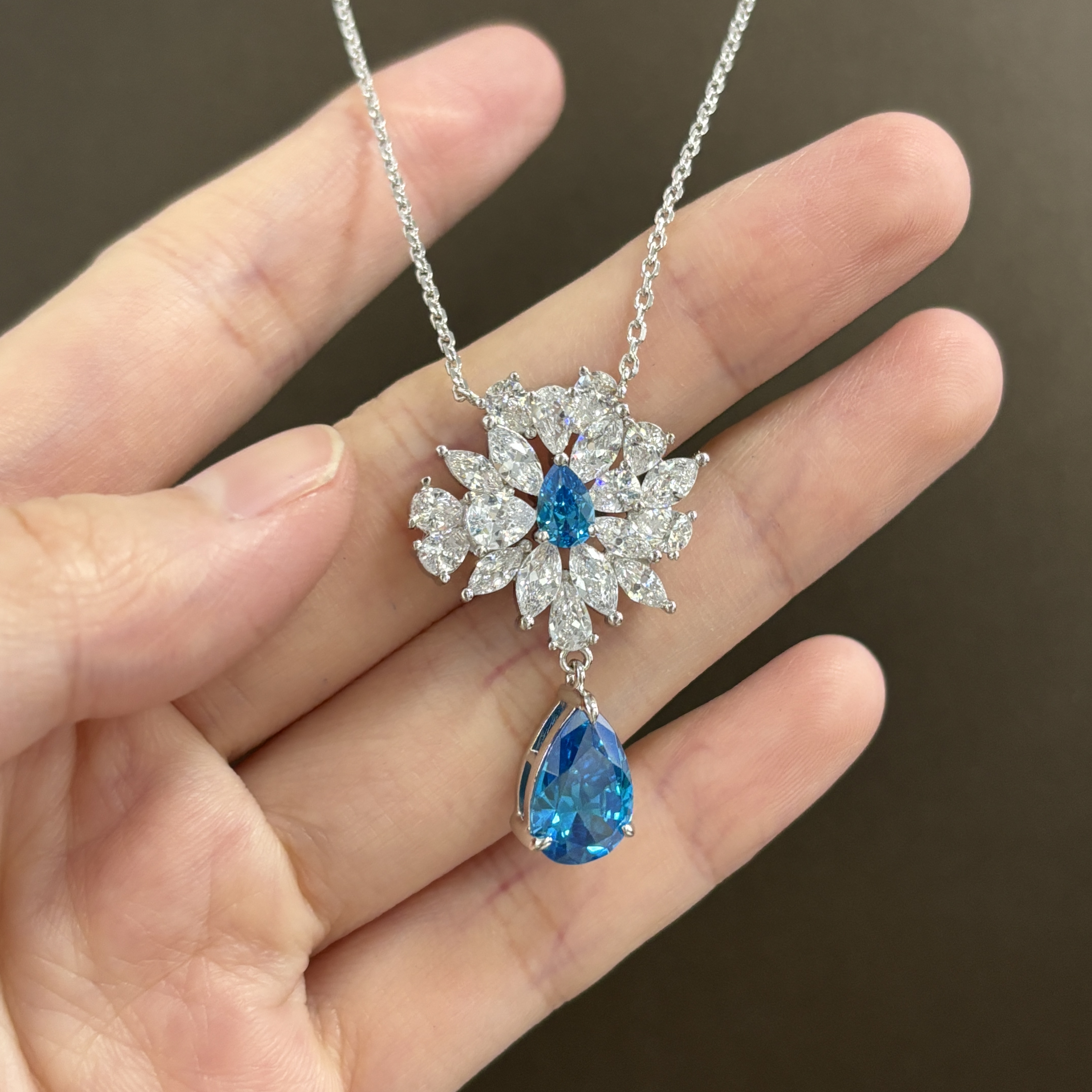 Two-tone Pear&Marquise Cut Aquamarine&White Sapphire Pendant Necklace