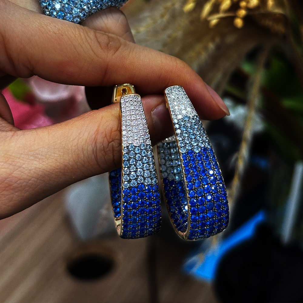 Gradient Sapphire Earrings & Aquamarine Ring Jewelry Set/2pcs