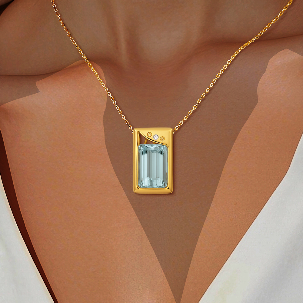 Baguette Cut Aquamarine&Diamond Pendant Necklace