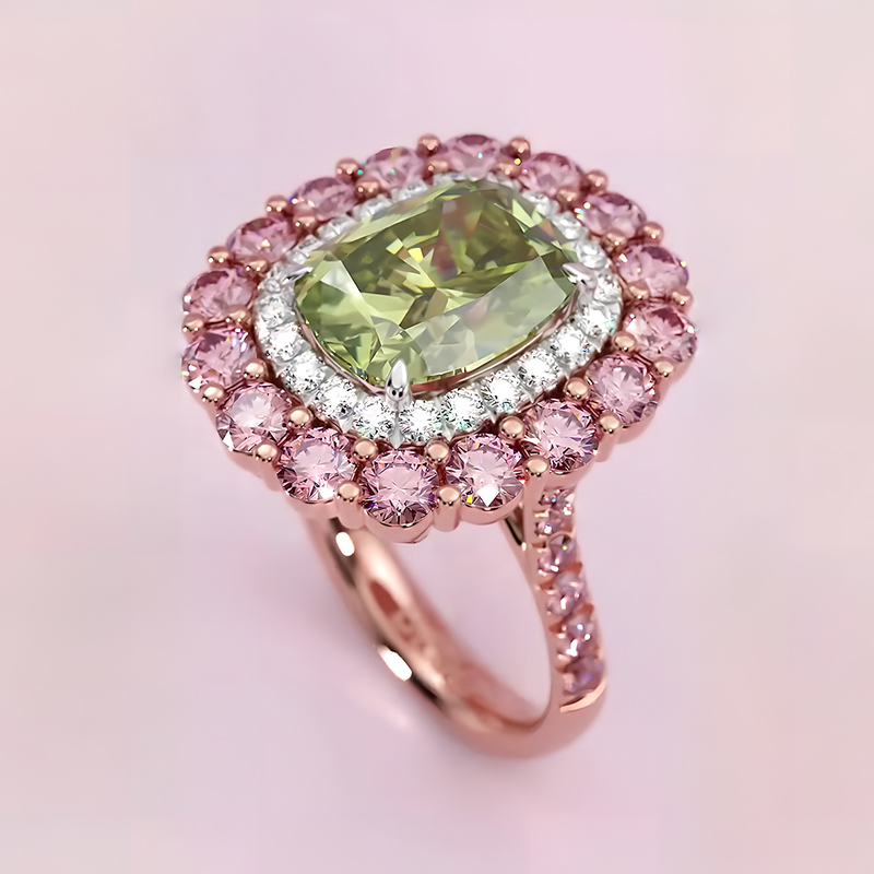 Double Halo 4ct Cushion Cut Peridot Sapphire Ring
