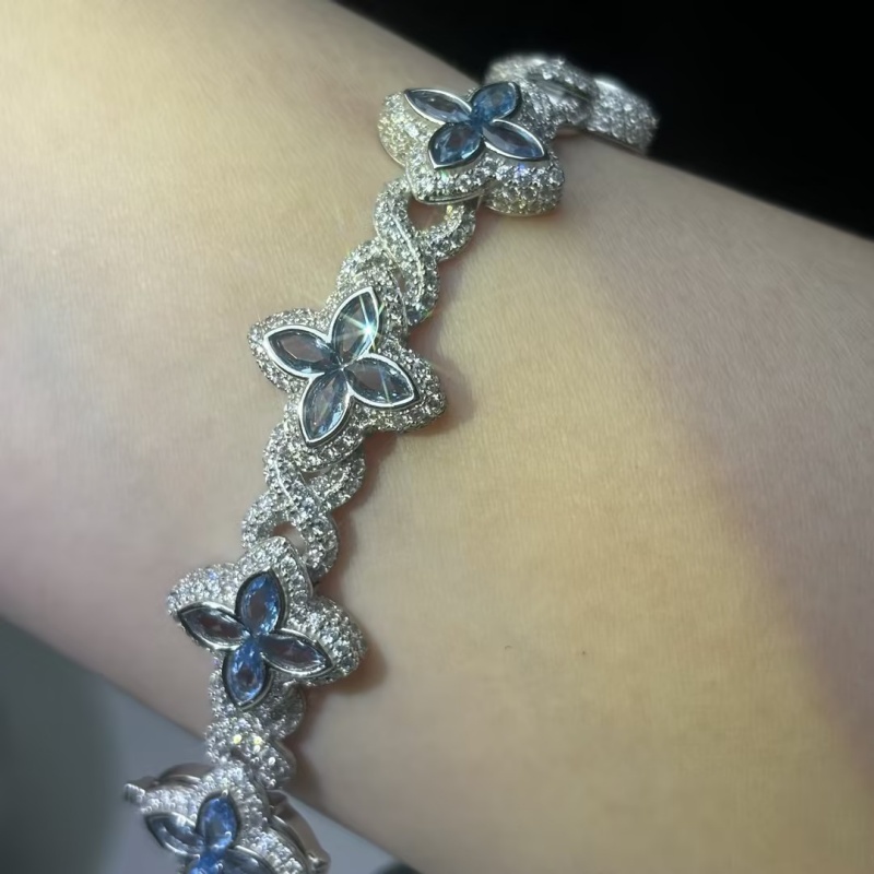 Men Marquise Cut Blue Sapphire Lucky Four Leaf Clover Bracelet