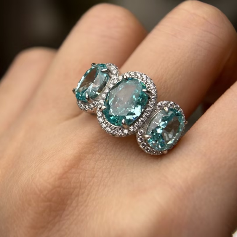 7.95ct Three-stone Halo Oval Cut Paraiba / Pink / Purple Sapphire Eternity Ring (3 Color Options)