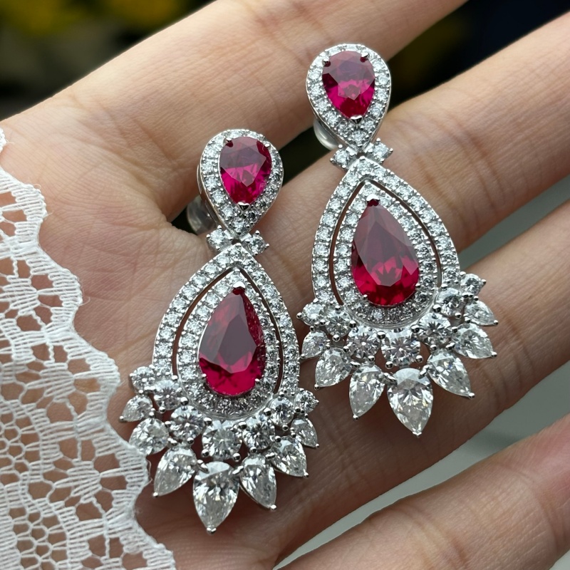 Original Design - Pear Cut Ruby Sapphire & White Moissanite Dangle Earrings