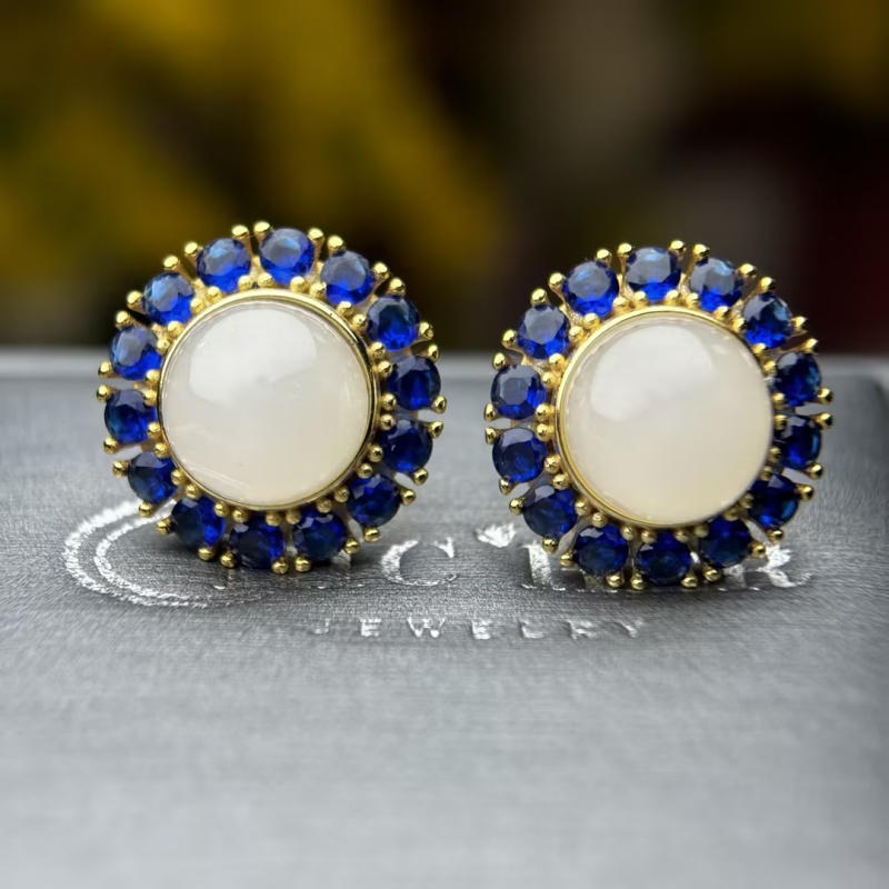 Sapphire Halo Moon Stone Stud Earrings