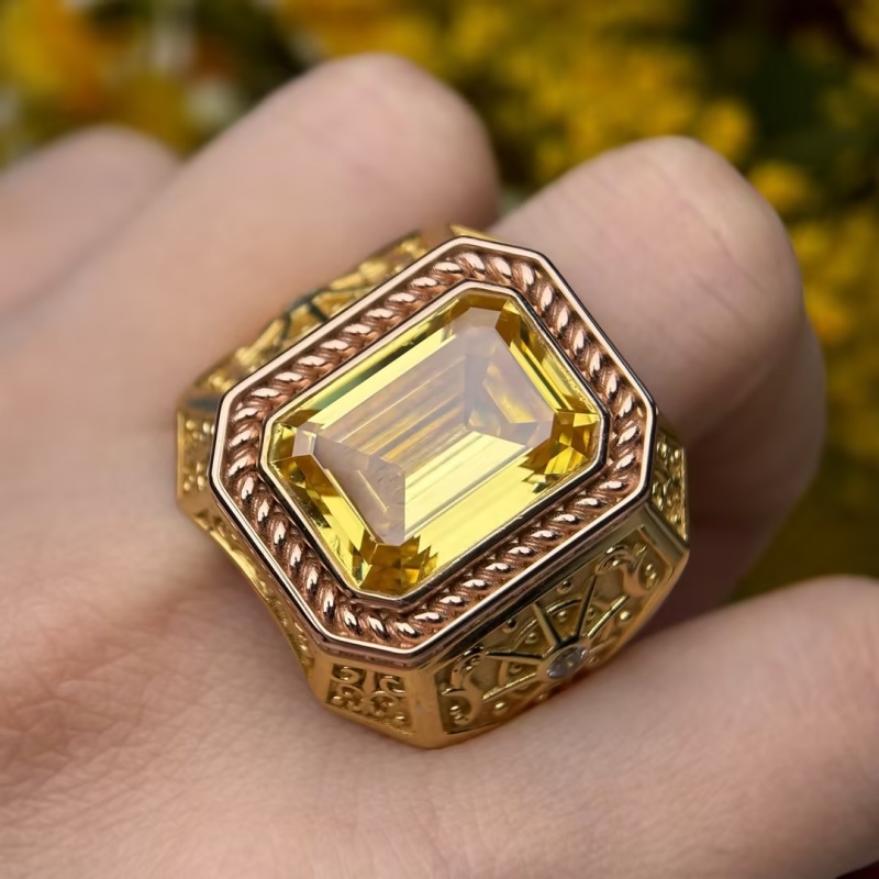 4ct Emerald Cut Yellow Sapphire Two-Tone Gold Vintage Engraved Men's Ring