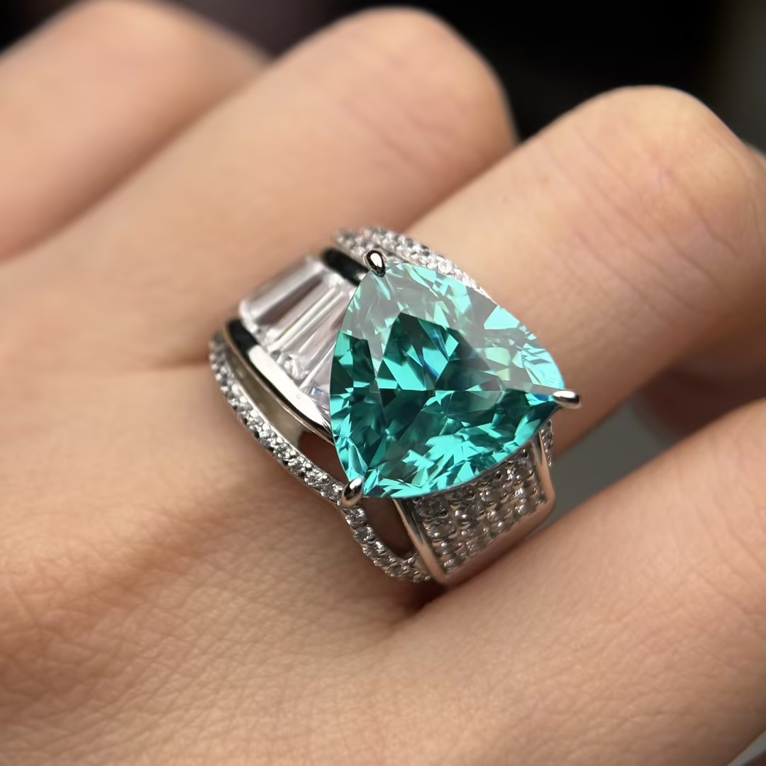 4.25ct Trillion Cut Paraiba & Trapezoid White Sapphire Cocktail Ring