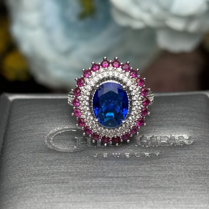 6 Color Options Oval Cut Blue Sapphire Double Halo Ring