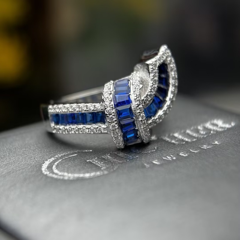 Fashion 7.25ctw Baguette Cut Blue & Round Cut White Sapphire Tight Knot Wedding Band