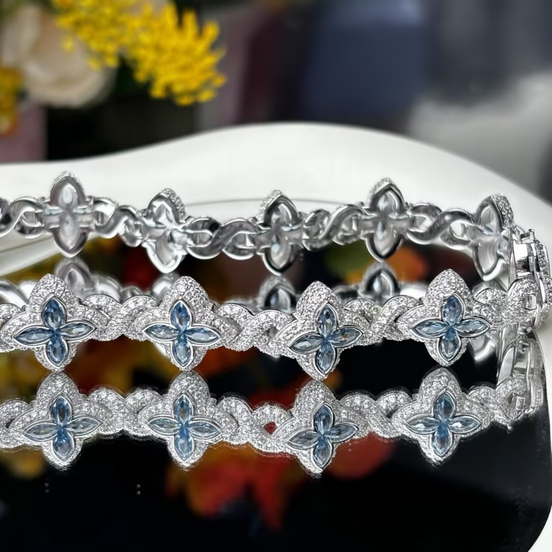 Men Marquise Cut Blue Sapphire Lucky Four Leaf Clover Bracelet
