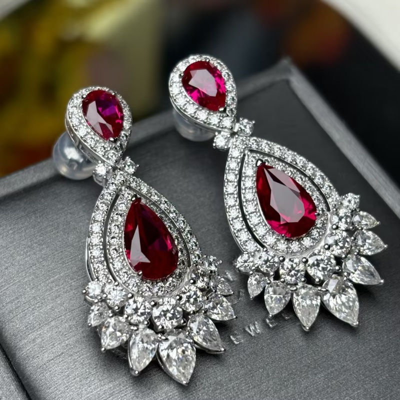 Original Design - Pear Cut Ruby Sapphire & White Moissanite Dangle Earrings