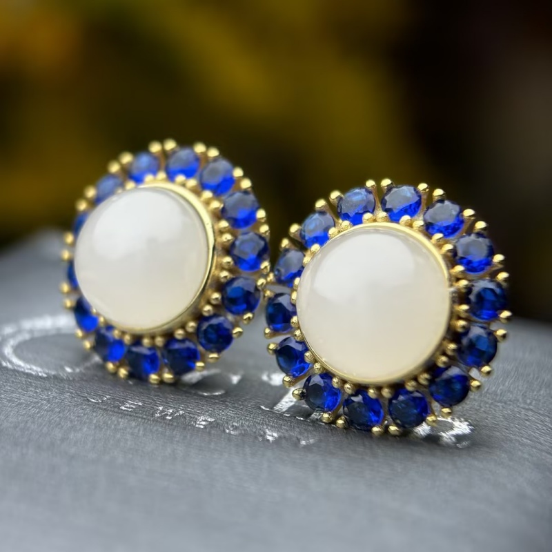 Sapphire Halo Moon Stone Stud Earrings