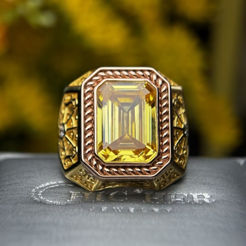 4ct Emerald Cut Yellow Sapphire Two-Tone Gold Vintage Engraved Men's Ring