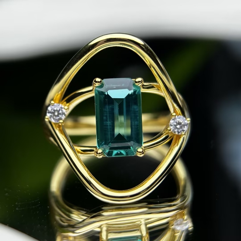 2ct Emerald Cut Teal Tourmaline Open-Frame Ring
