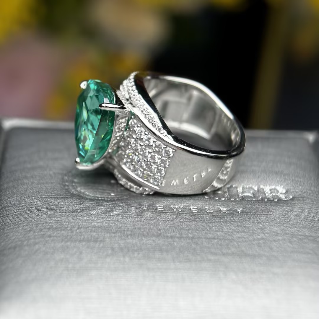 4.25ct Trillion Cut Paraiba & Trapezoid White Sapphire Cocktail Ring