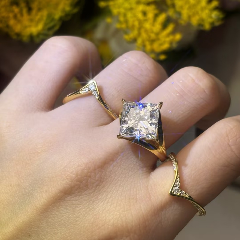 Fashion 5ct Princess Cut Moissanite Three Tier Stacked Wedding Sets （Ring Set & Single Ring）