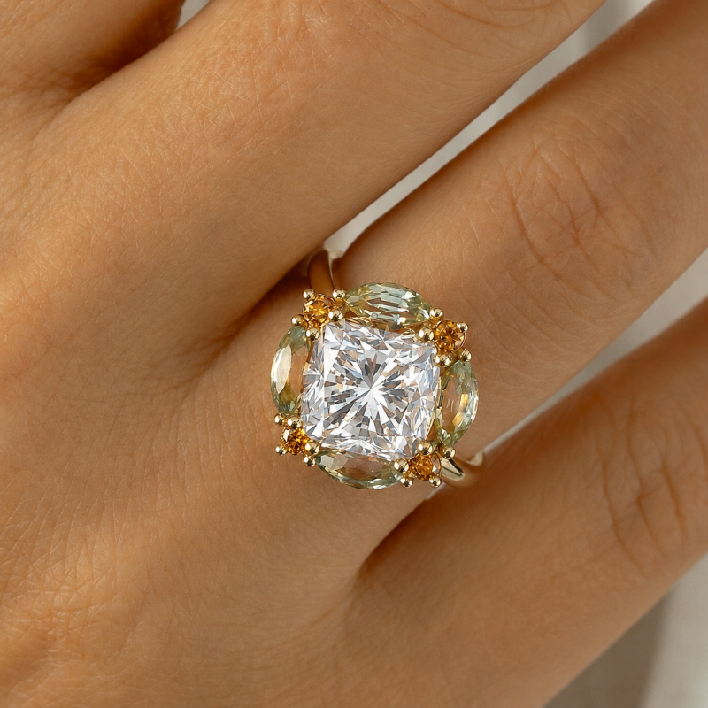 Fashion 2.5ct Cushion Cut White Sapphire & Multi-Stone Halo Engagement Ring