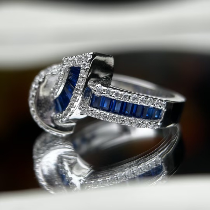 Fashion 7.25ctw Baguette Cut Blue & Round Cut White Sapphire Tight Knot Wedding Band