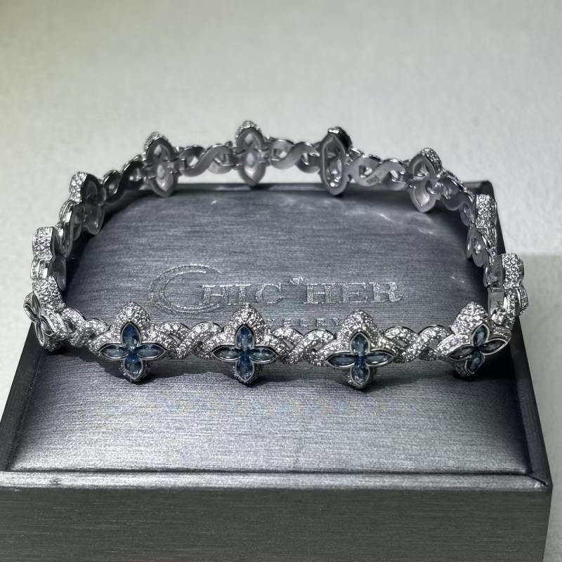 Men Marquise Cut Blue Sapphire Lucky Four Leaf Clover Bracelet
