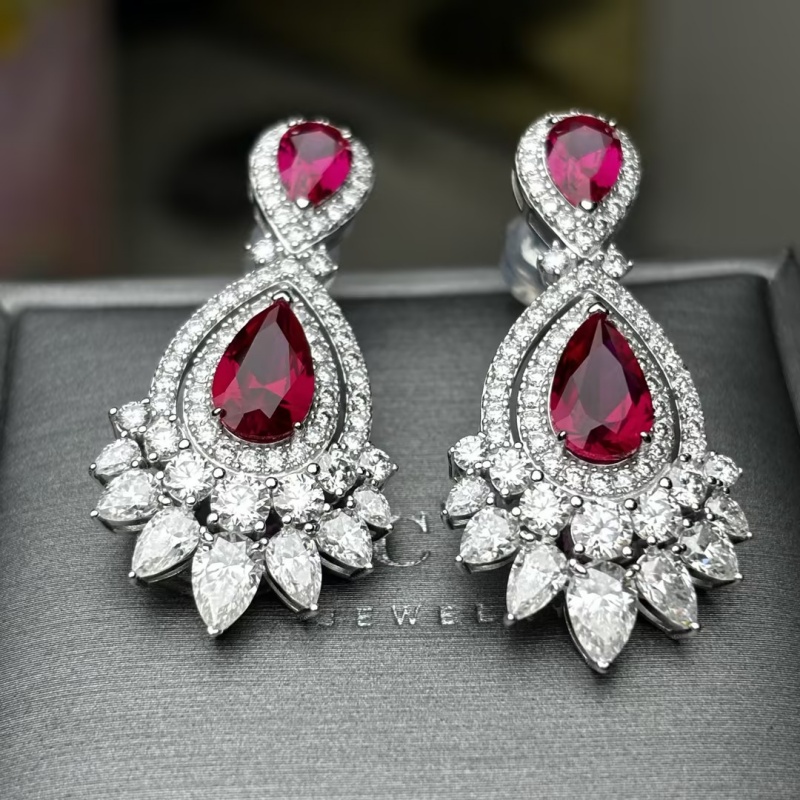 Original Design - Pear Cut Ruby Sapphire & White Moissanite Dangle Earrings