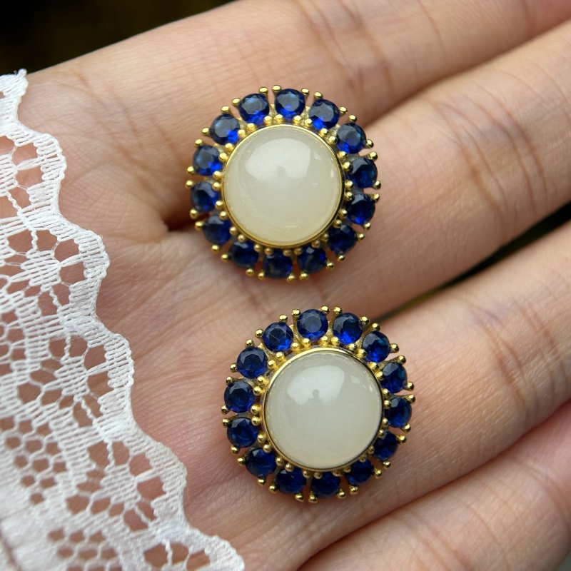 Sapphire Halo Moon Stone Stud Earrings