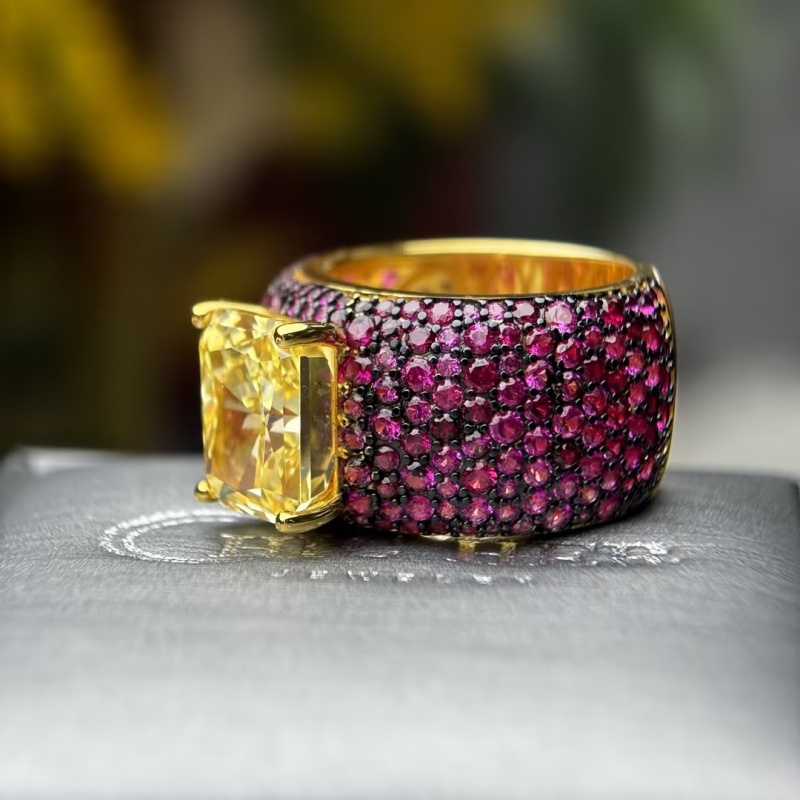 Pave Setting 6ct Radiant Cut Yellow Sapphire Cocktail Ring