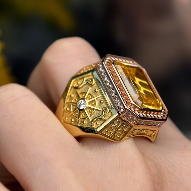 4ct Emerald Cut Yellow Sapphire Two-Tone Gold Vintage Engraved Men's Ring