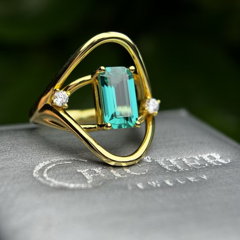 2ct Emerald Cut Teal Tourmaline Open-Frame Ring