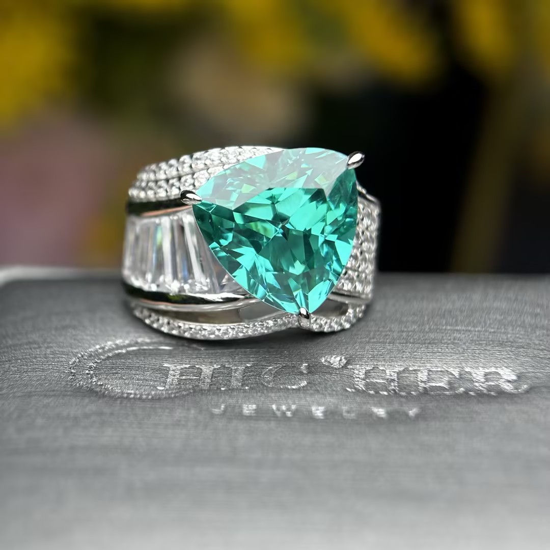 4.25ct Trillion Cut Paraiba & Trapezoid White Sapphire Cocktail Ring