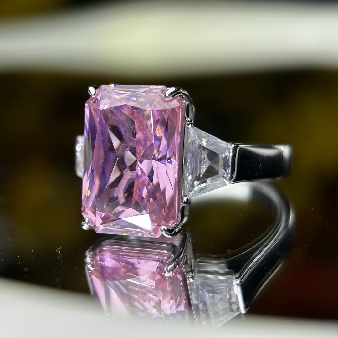 8.4ct Emerald Cut Pink Sapphire Three Stone Engagement Ring