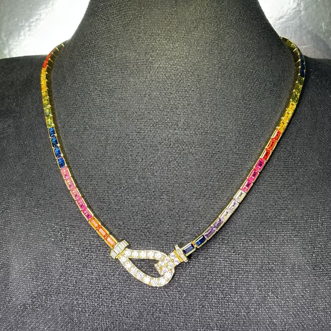 Emerald Cut Multi Color Sapphire Lasso Lock Rainbow Necklace