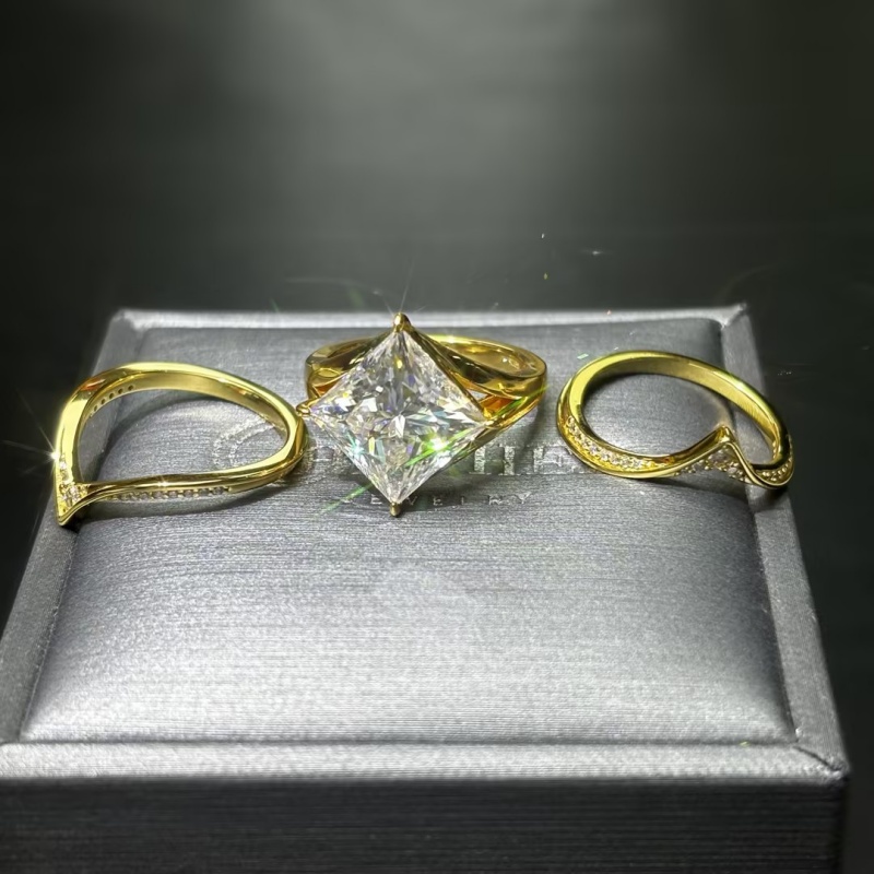 Fashion 5ct Princess Cut Moissanite Three Tier Stacked Wedding Sets （Ring Set & Single Ring）