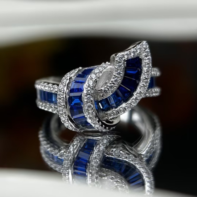 Fashion 7.25ctw Baguette Cut Blue & Round Cut White Sapphire Tight Knot Wedding Band