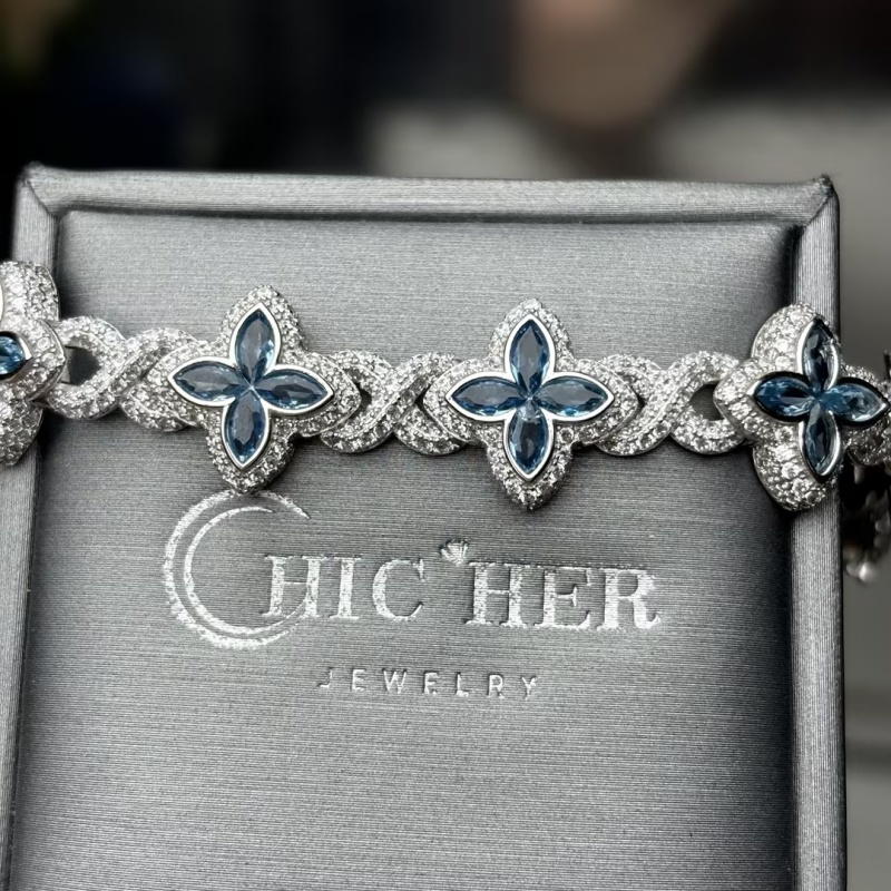 Men Marquise Cut Blue Sapphire Lucky Four Leaf Clover Bracelet
