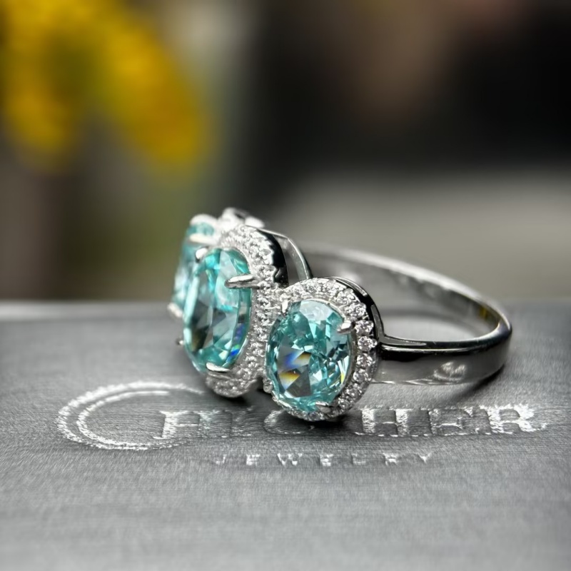 7.95ct Three-stone Halo Oval Cut Paraiba / Pink / Purple Sapphire Eternity Ring (3 Color Options)
