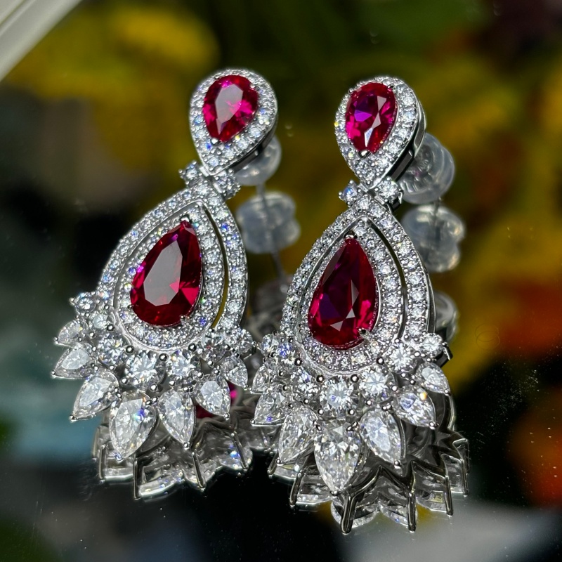 Original Design - Pear Cut Ruby Sapphire & White Moissanite Dangle Earrings