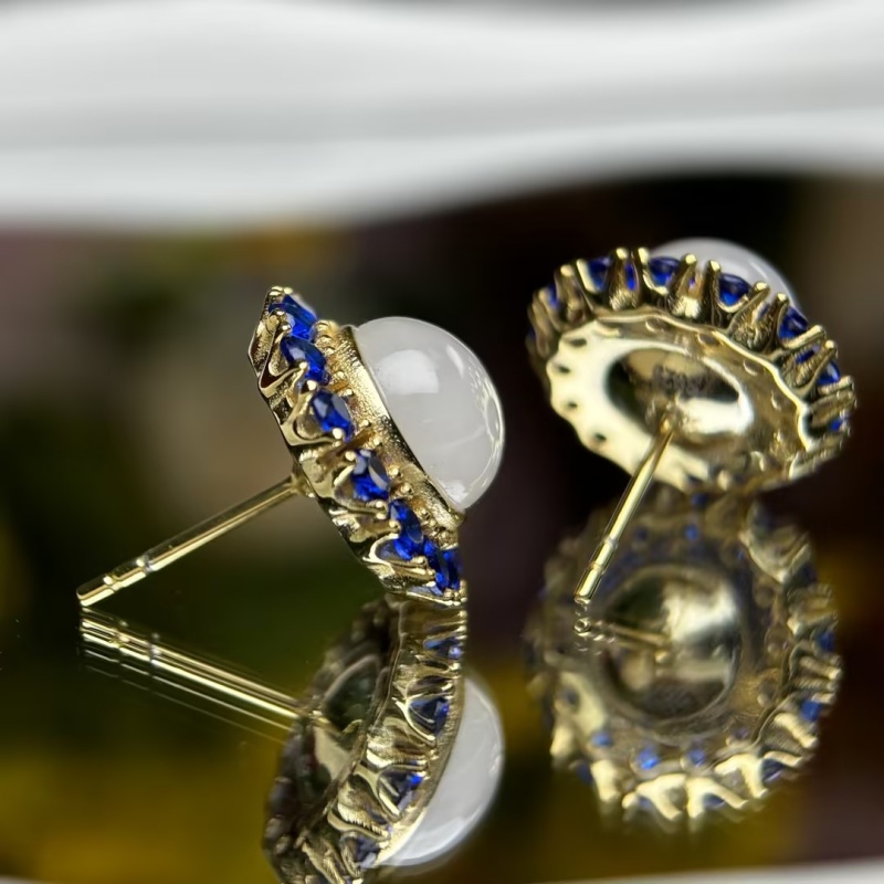 Sapphire Halo Moon Stone Stud Earrings
