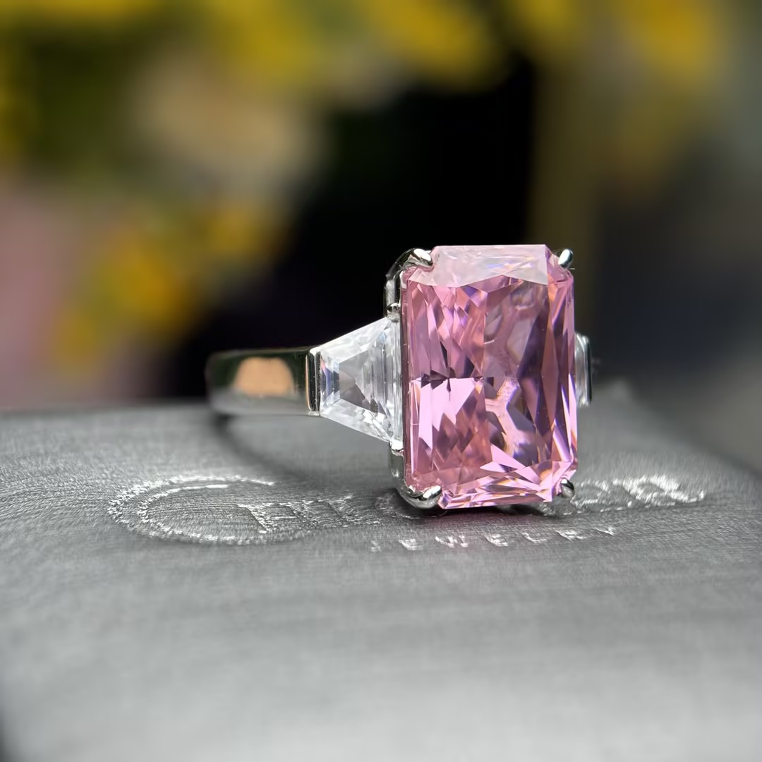 8.4ct Emerald Cut Pink Sapphire Three Stone Engagement Ring