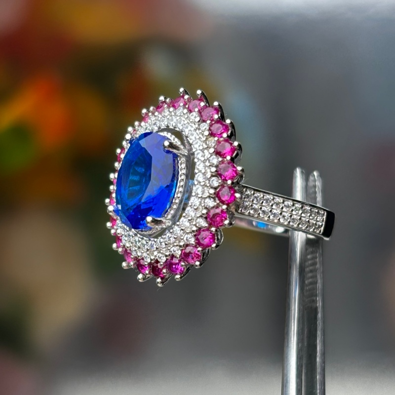 6 Color Options Oval Cut Blue Sapphire Double Halo Ring