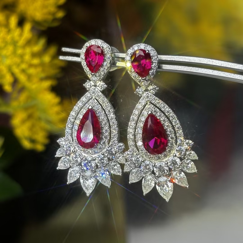 Original Design - Pear Cut Ruby Sapphire & White Moissanite Dangle Earrings