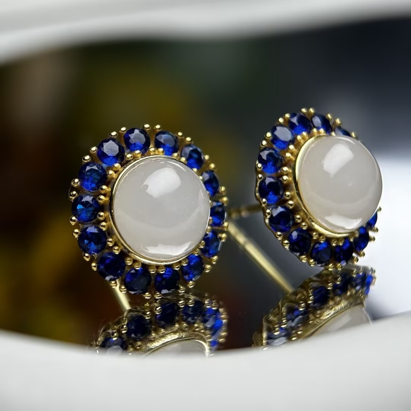 Sapphire Halo Moon Stone Stud Earrings