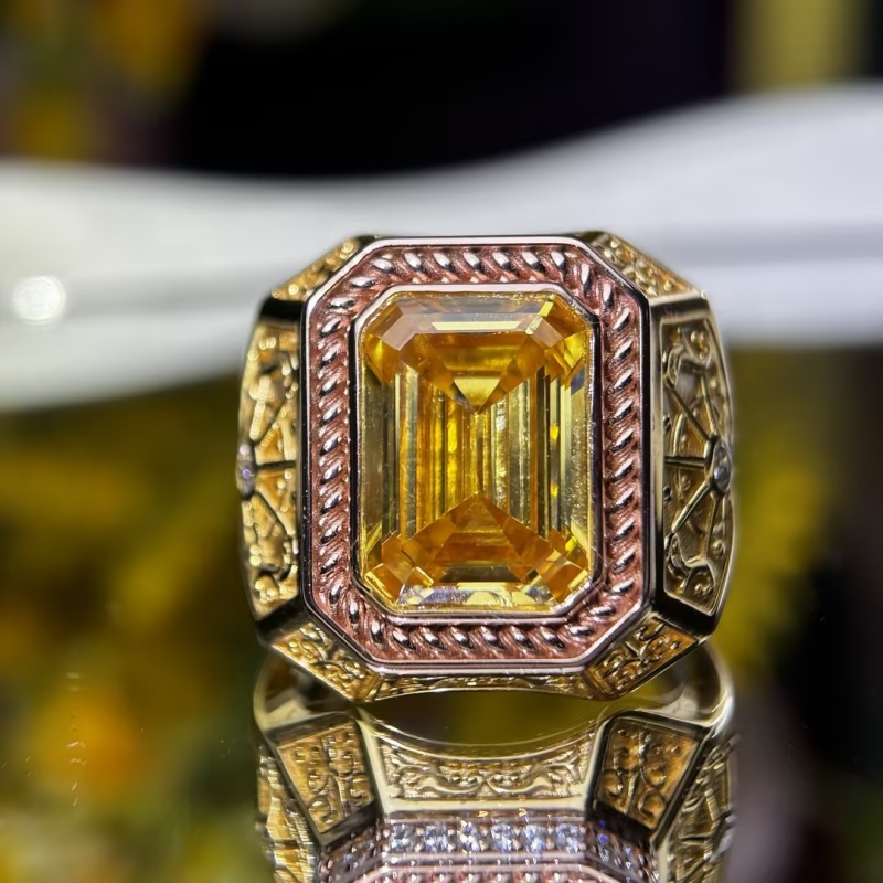 4ct Emerald Cut Yellow Sapphire Two-Tone Gold Vintage Engraved Men's Ring