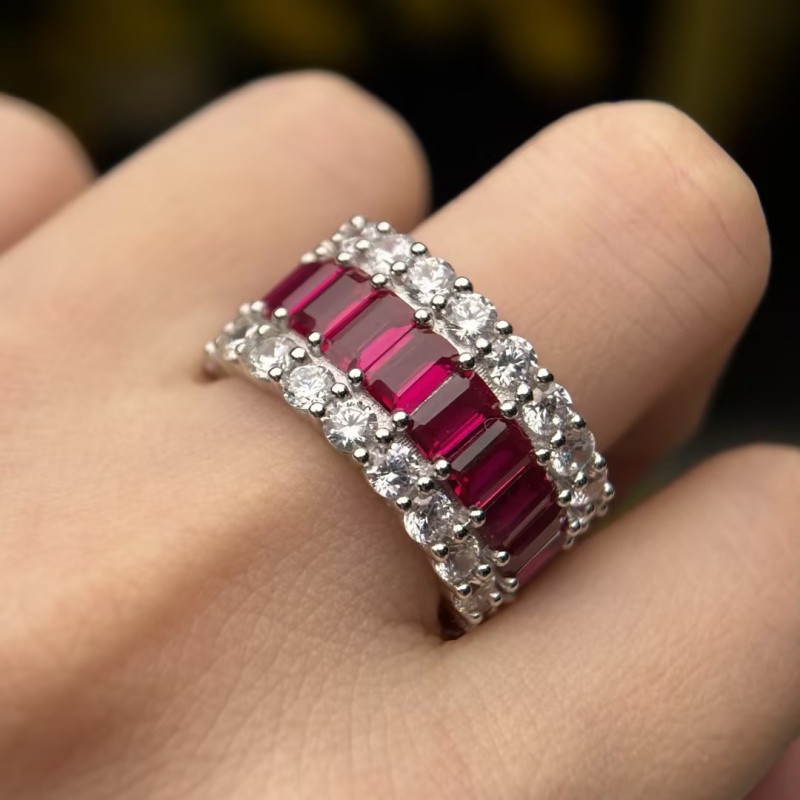 7.35ct Emerald Cut Ruby / Emerald Sapphire Wedding Band (2 Color Options)