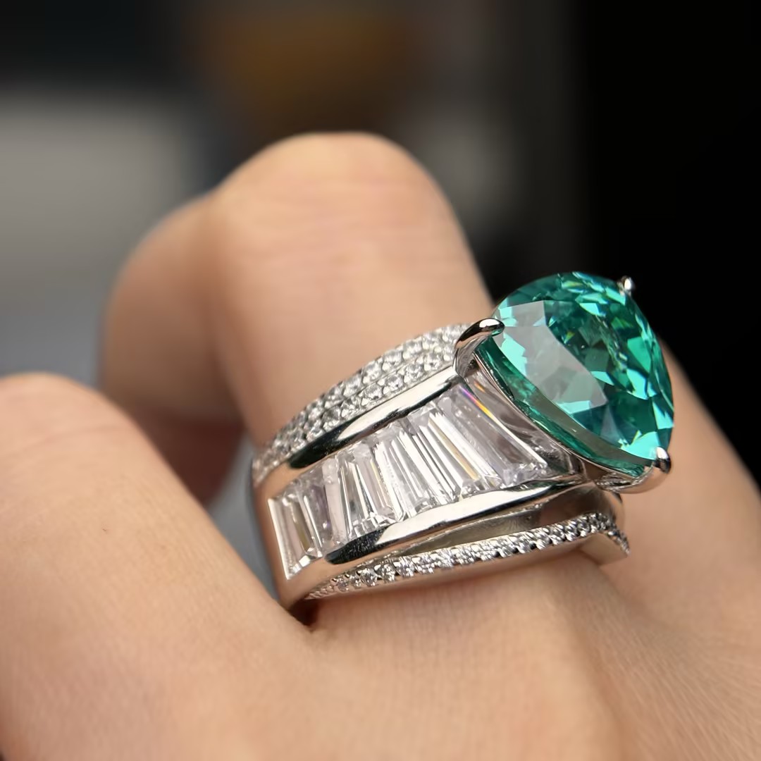 4.25ct Trillion Cut Paraiba & Trapezoid White Sapphire Cocktail Ring